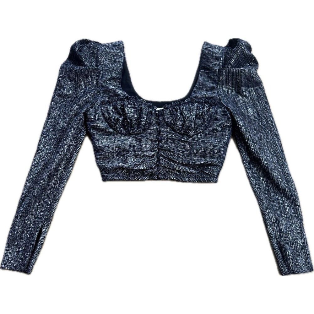 New Jonathan Simkhai Women's Metallic Size 4 Wrap Crop Top Long Sleeves Midnight - Picture 16 of 16